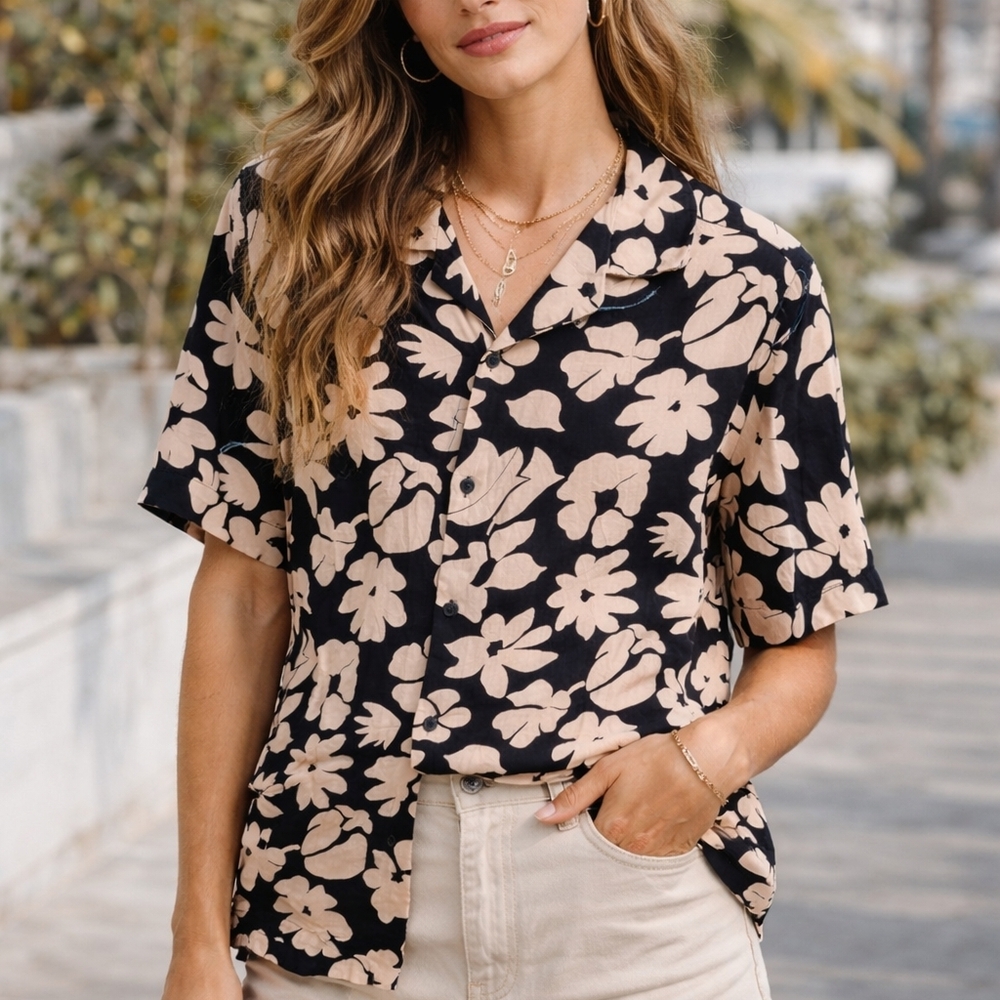 Relaxed Short Sleeve Button-Down Shirt in Black with Beige Floral